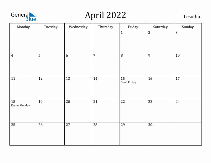 April 2022 Calendar Lesotho