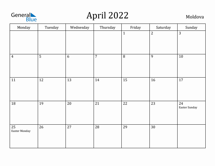 April 2022 Calendar Moldova