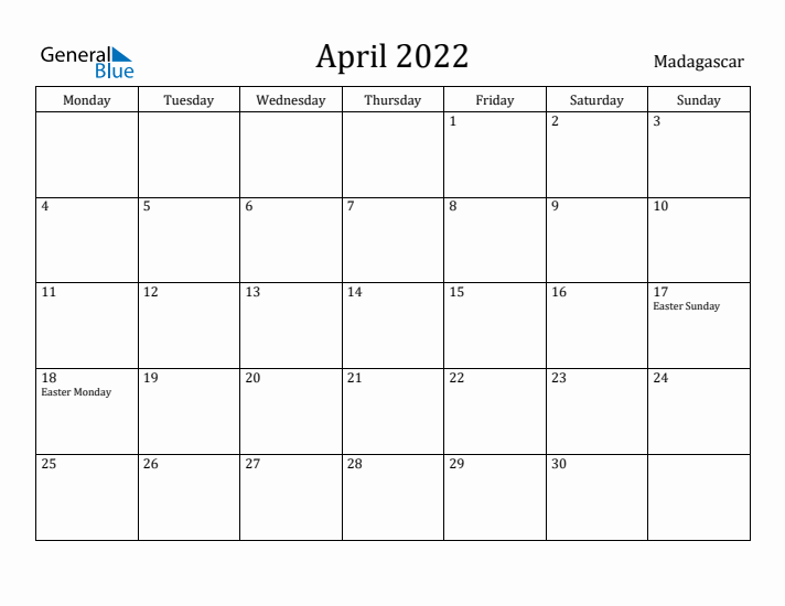 April 2022 Calendar Madagascar