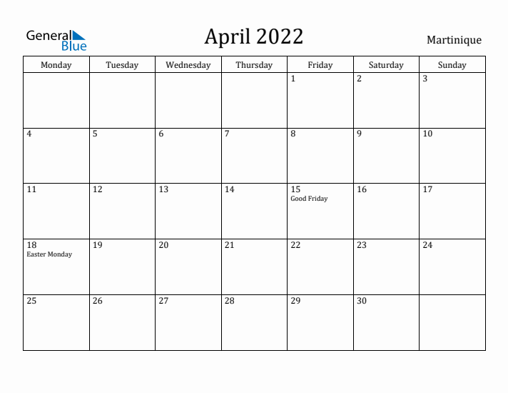 April 2022 Calendar Martinique