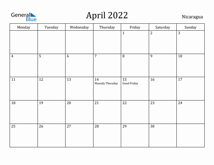 April 2022 Calendar Nicaragua