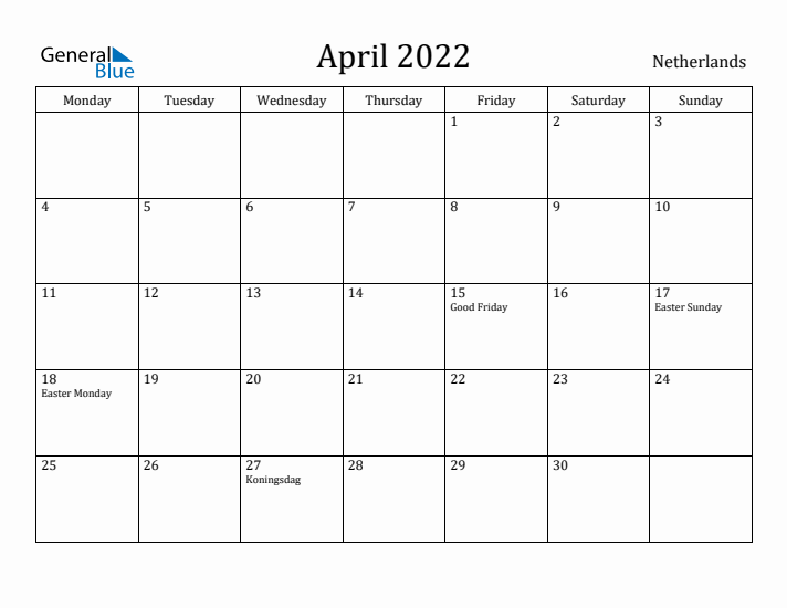 April 2022 Calendar The Netherlands