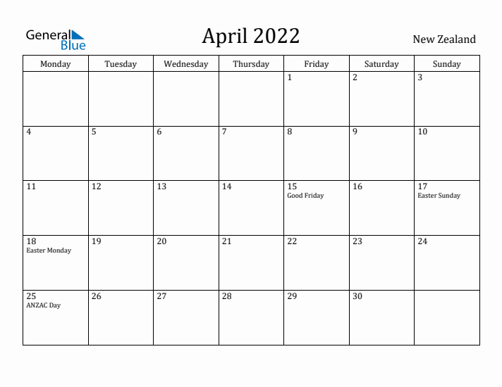 April 2022 Calendar New Zealand