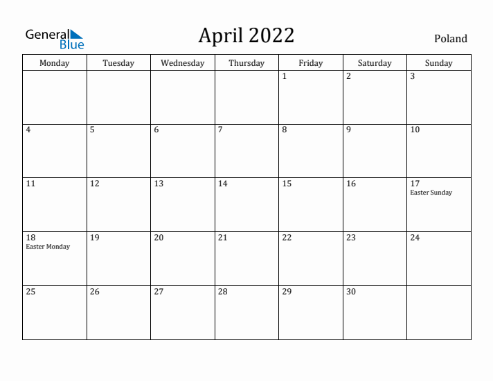 April 2022 Calendar Poland