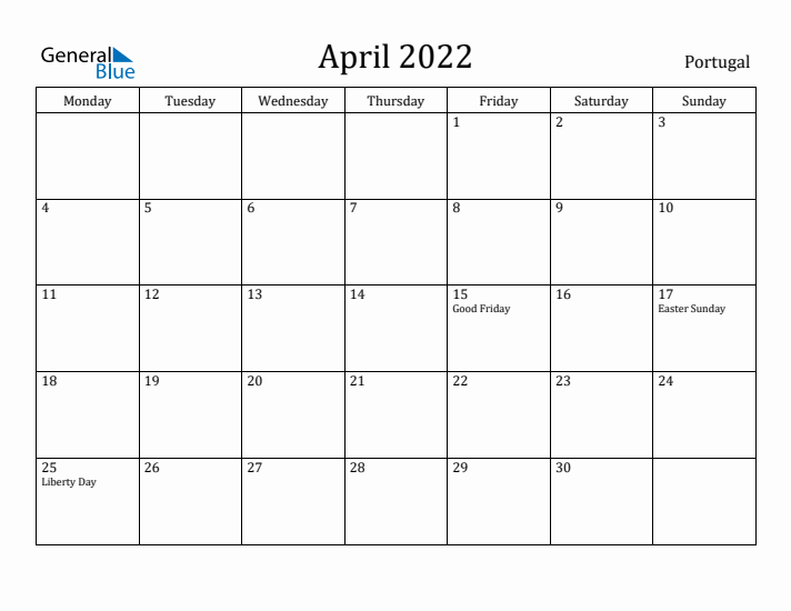 April 2022 Calendar Portugal