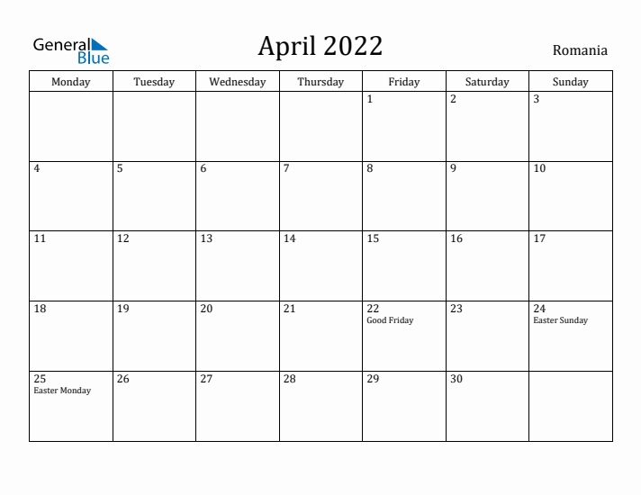 April 2022 Calendar Romania