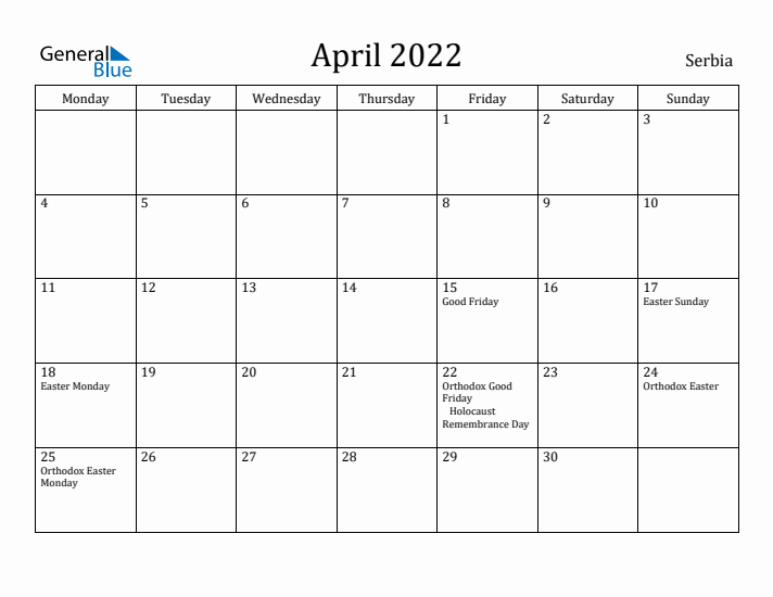 April 2022 Calendar Serbia