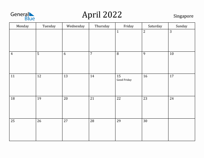 April 2022 Calendar Singapore