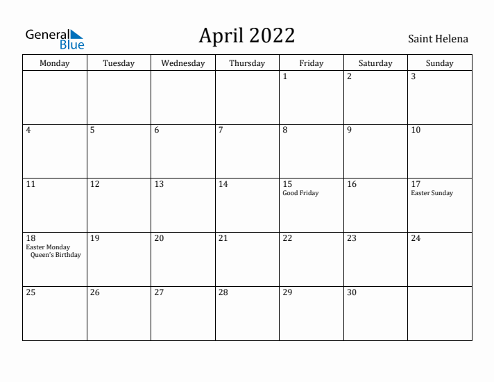 April 2022 Calendar Saint Helena