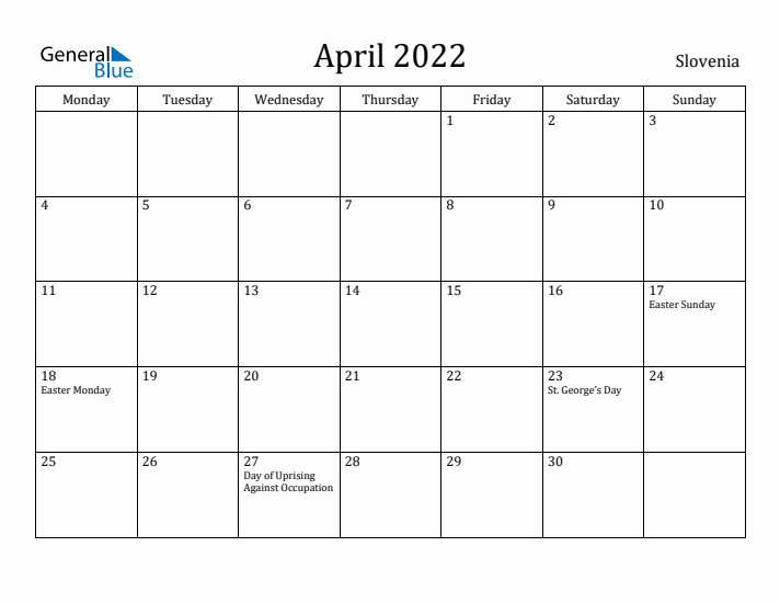 April 2022 Calendar Slovenia