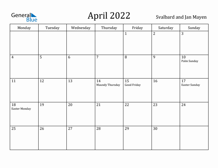 April 2022 Calendar Svalbard and Jan Mayen