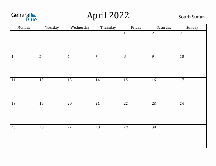 April 2022 Calendar South Sudan