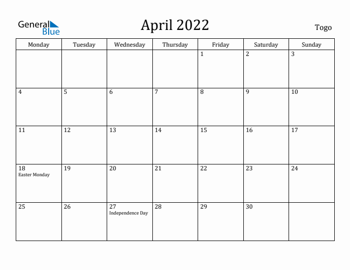 April 2022 Calendar Togo