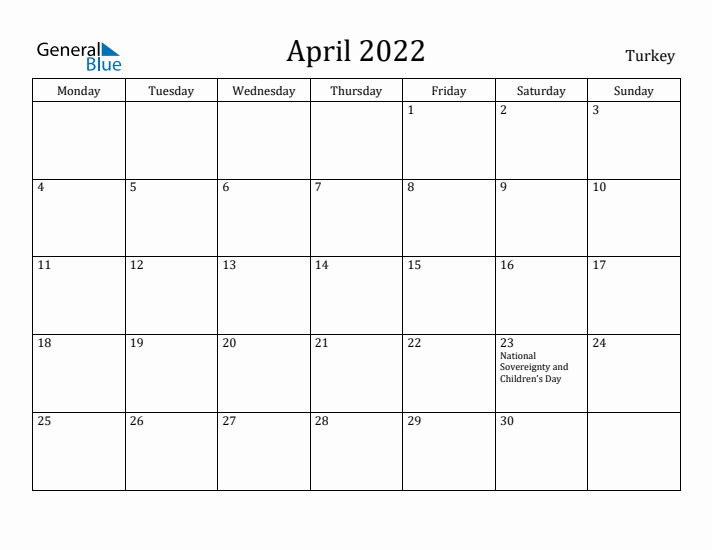 April 2022 Calendar Turkey