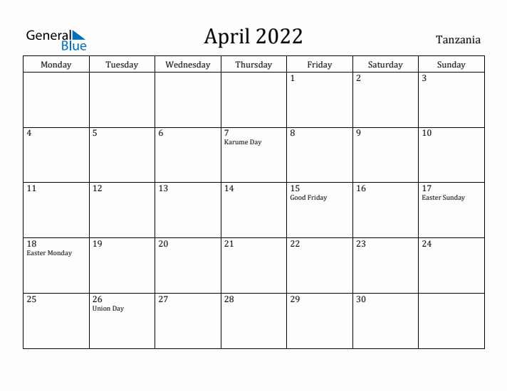 April 2022 Calendar Tanzania