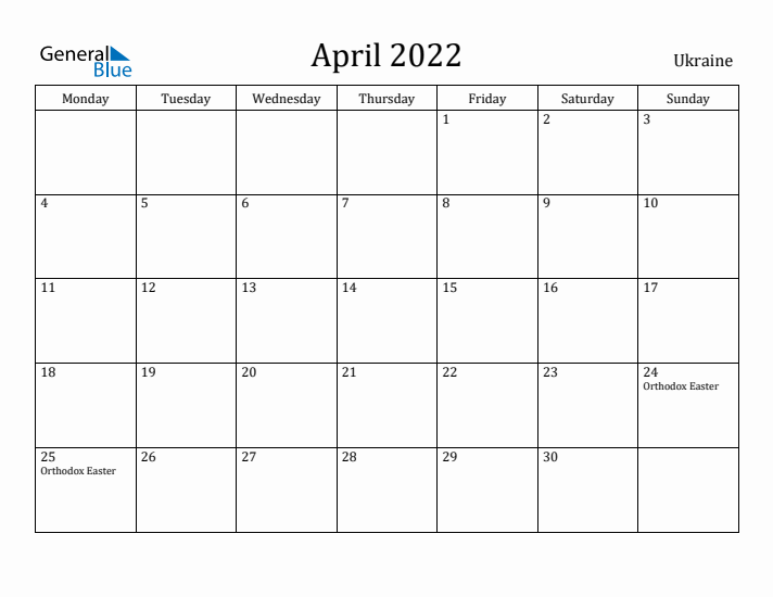 April 2022 Calendar Ukraine