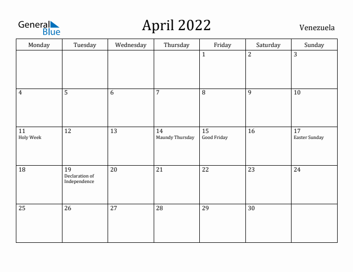 April 2022 Calendar Venezuela