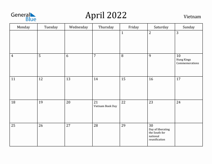 April 2022 Calendar Vietnam