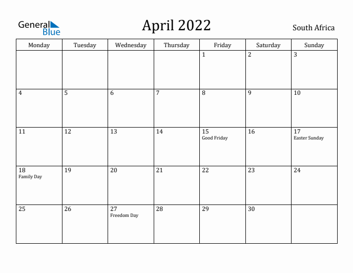 April 2022 Calendar South Africa