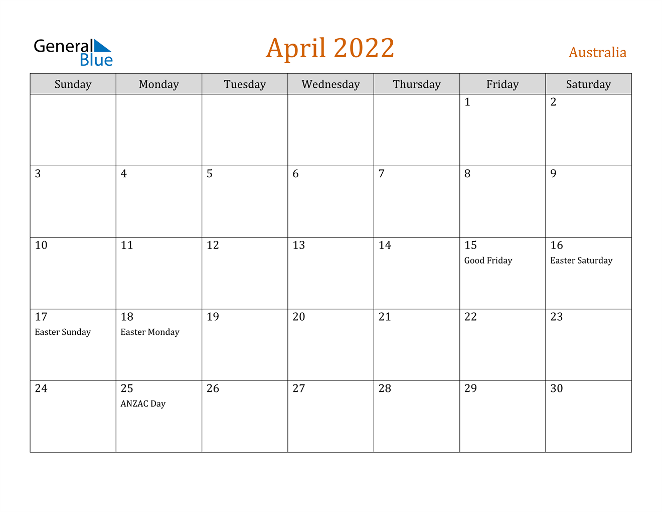 april 2022 calendar australia