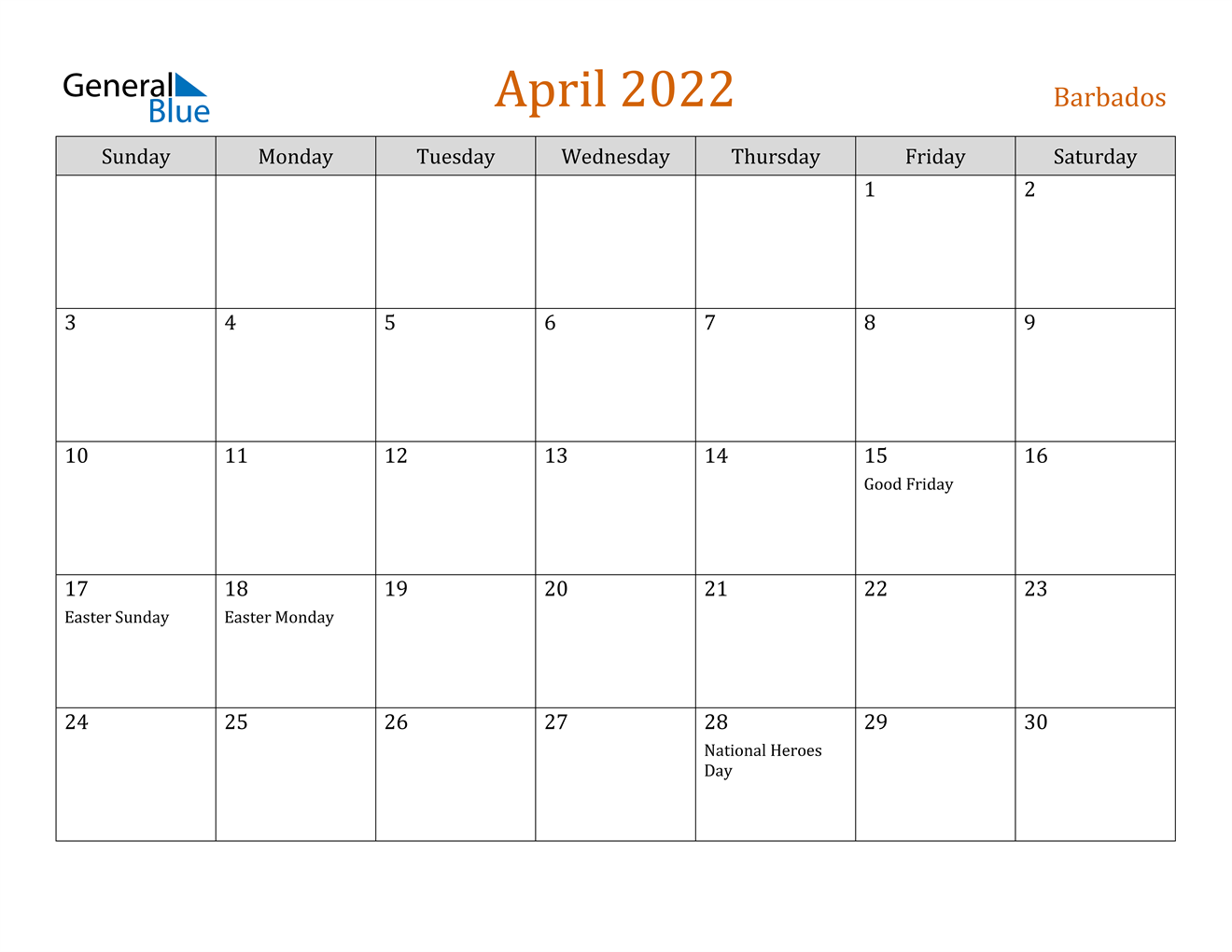 april 2022 calendar barbados