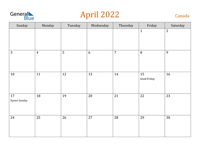 canada april 2022 calendar with holidays