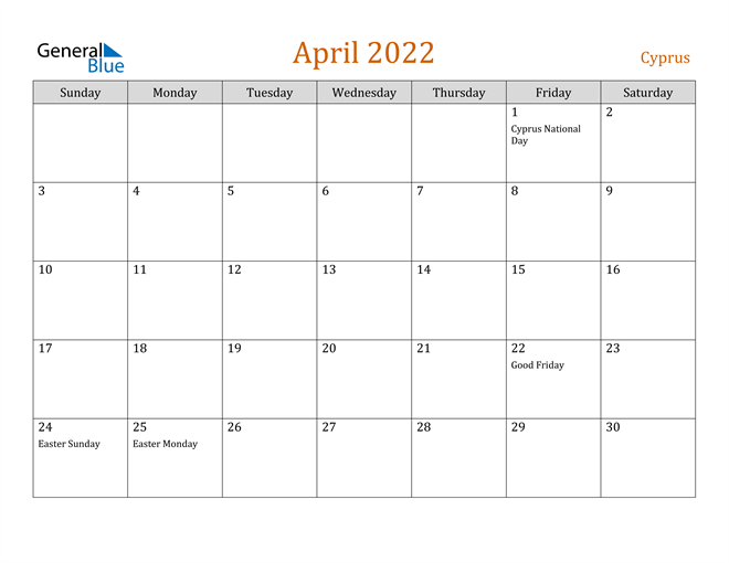 Cyprus April 2022 Calendar With Holidays