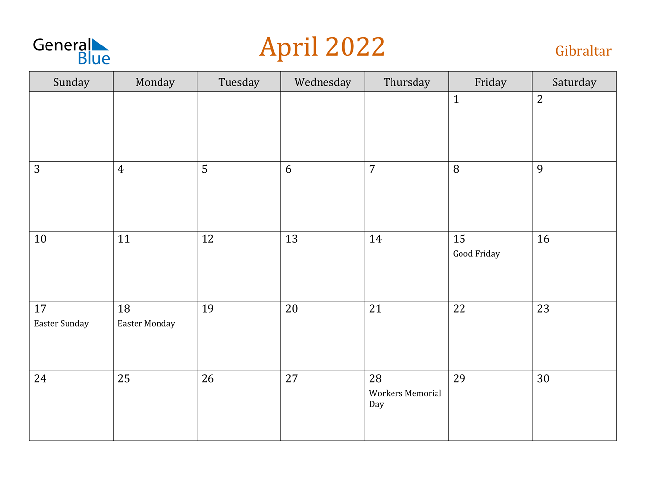 april 2022 calendar gibraltar