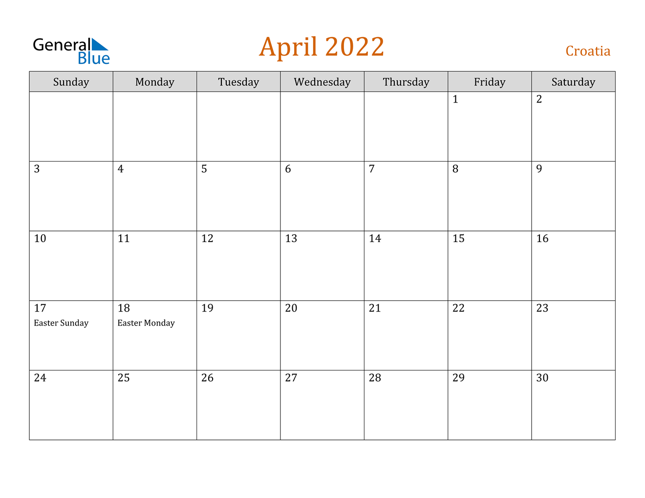 april 2022 calendar croatia