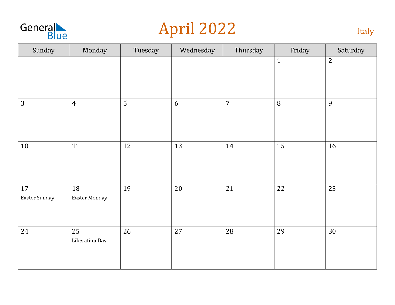 april 2022 calendar italy