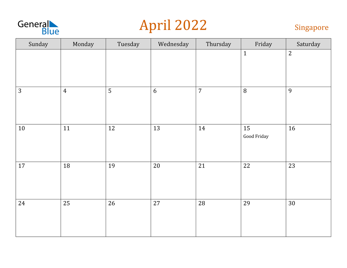 Singapore April 2022 Calendar with Holidays