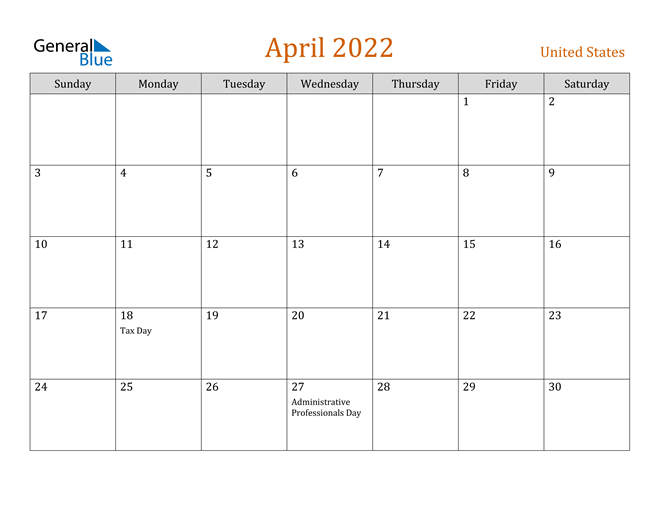 united states april 2022 calendar with holidays