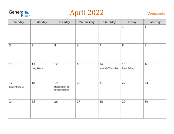 April 2022 Holiday Calendar