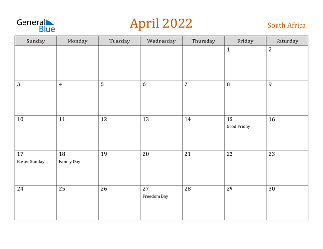 south africa april 2022 calendar with holidays