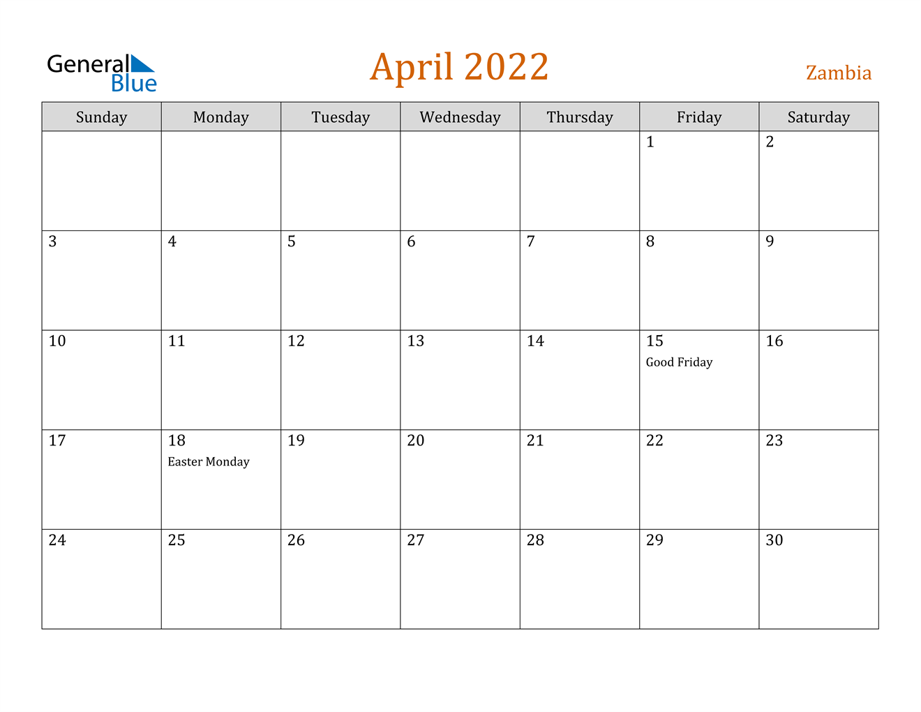 april 2022 calendar zambia