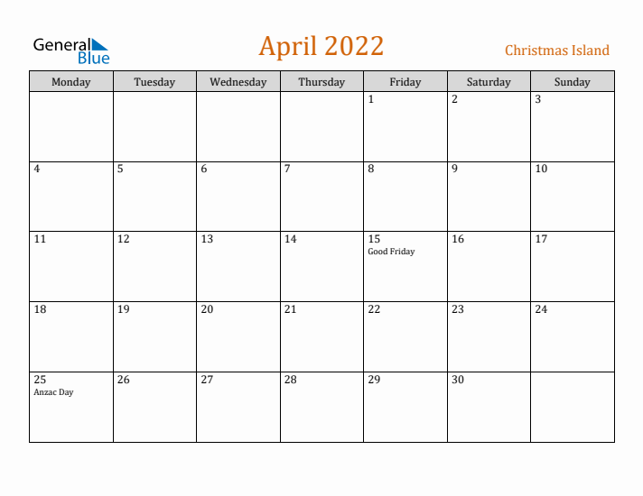 April 2022 Holiday Calendar with Monday Start