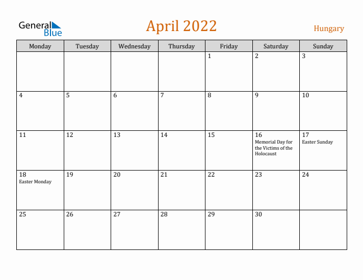 April 2022 Holiday Calendar with Monday Start