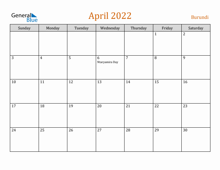 April 2022 Holiday Calendar with Sunday Start