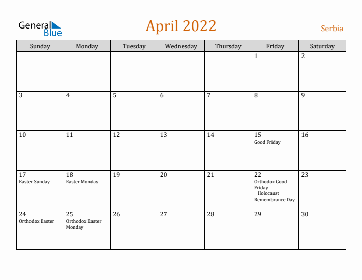 April 2022 Holiday Calendar with Sunday Start