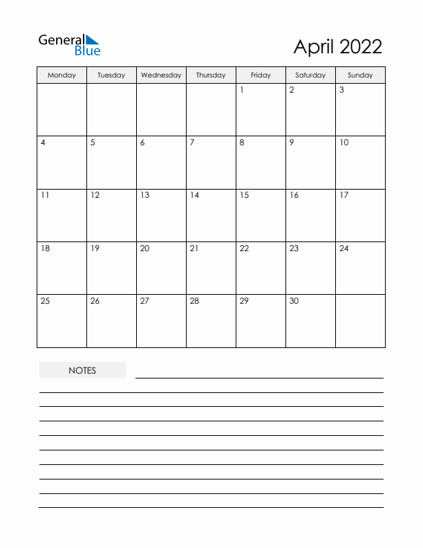Printable Calendar with Notes - April 2022 