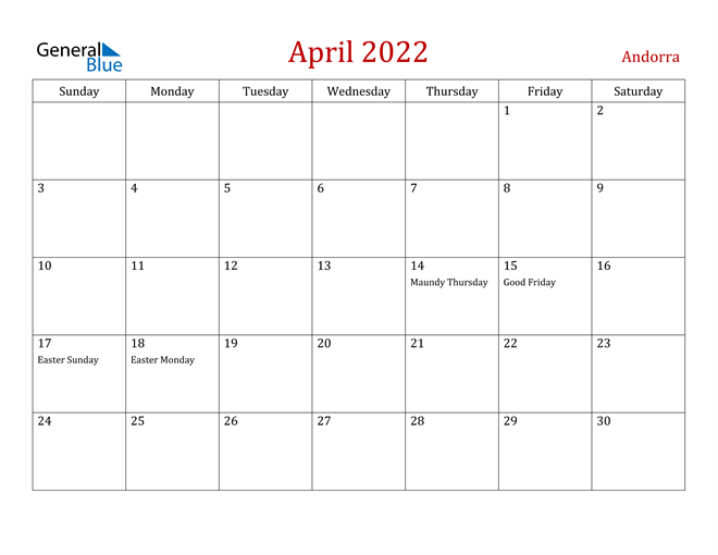 Andorra April 2022 Calendar
