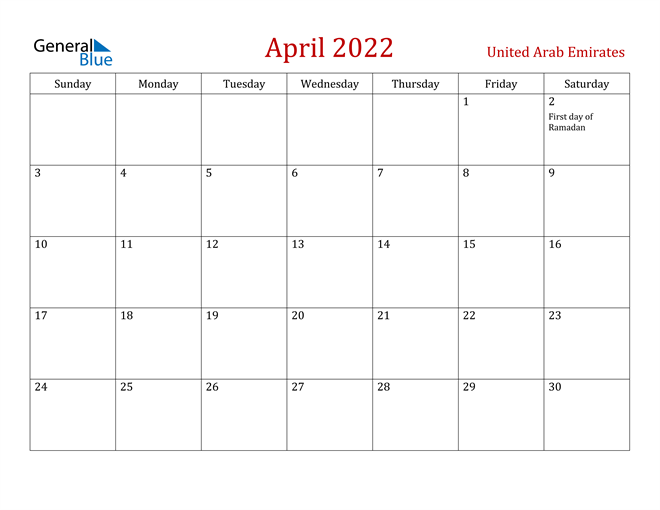 United Arab Emirates April 2022 Calendar