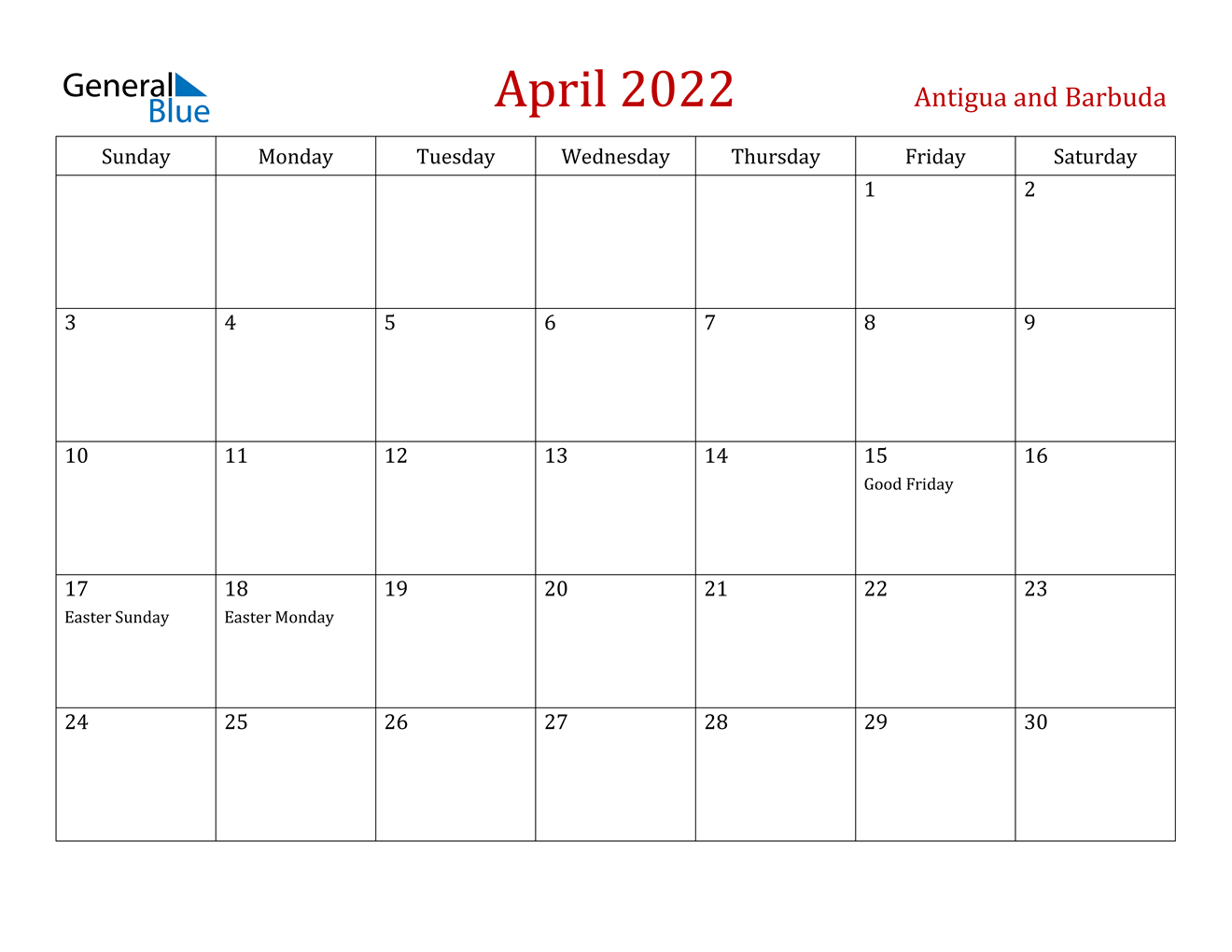 april 2022 calendar antigua and barbuda
