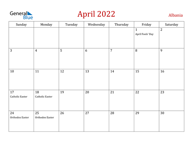 Albania April 2022 Calendar