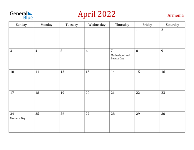 Armenia April 2022 Calendar