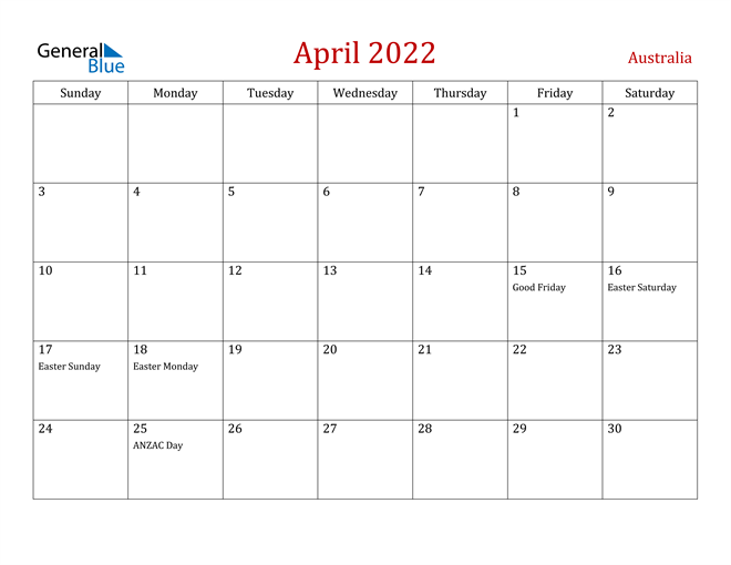 Australia April 2022 Calendar