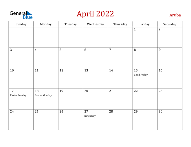 Aruba April 2022 Calendar
