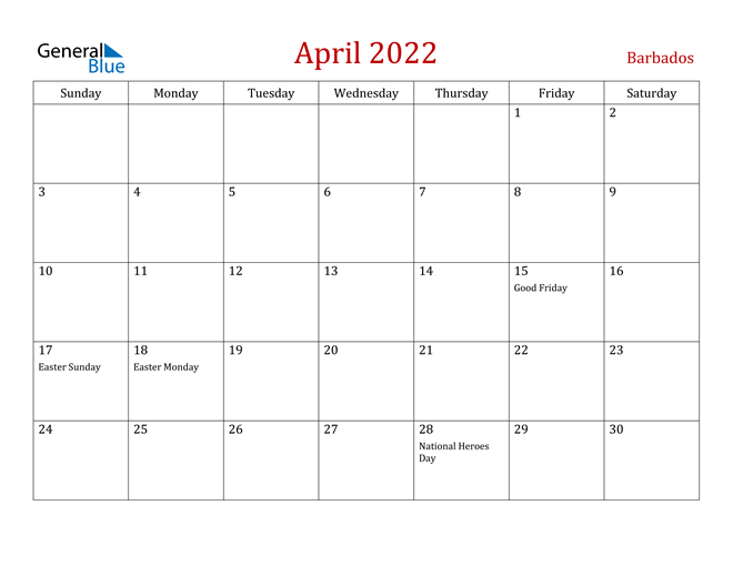 barbados april 2022 calendar with holidays