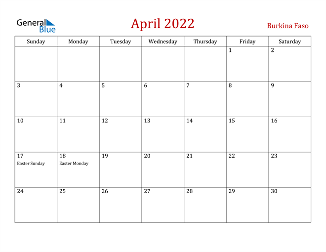 Burkina Faso April 2022 Calendar