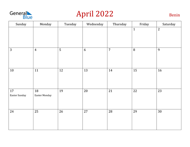 Benin April 2022 Calendar